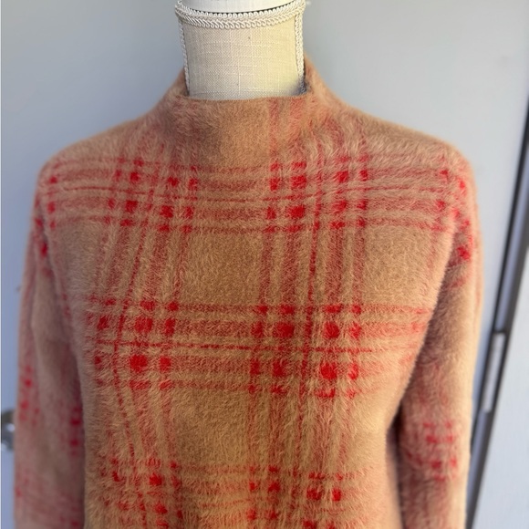 Tahari Tan Red Soft Turtleneck Plaid Sweater - Picture 2 of 11